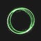 Green gold circle light effect with round glowing elements, particles and stars on dark background. Shiny glamour design