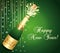 Green and gold greeting card 2021 Happy New Year with uncorked bottle of Champaign. Vector illustration.