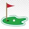 Green golf course with flag or flagstick and golf ball flat vector icon for sport apps and websites