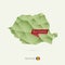 Green gradient low poly map of Romania with capital Bucharest