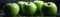 Green Granny Smith Apples Droplets Standing On Black Matte Background With Steam Panoramic Banner. Generative AI