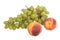 Green grapes bunch and two orange peach.