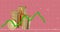 Green graph moving over stack of bitcoins against pink background.