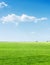 Green grass agriculture field and blue sky with clouds