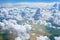 Green grass fields, forests, blue sky and white cumulus fluffy clouds background panoramic aerial view, sunny summer landscape