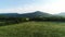 Green grass fields landscape with fantastic mountains on the background. Shot. Asphalt road with green meadows, bushes