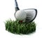 Green grass, golf club and ball isolated on white background. 3D illustration