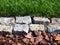 Green grass, granite paving and bark chips closeup