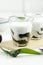 Green Grass Jelly or Cincau Hijau in a Glass, Traditional Indonesian Dessert made from Cyclea Barbata Leaf