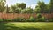 green grass lawn, flowers and wooden fence in summer backyard garden