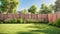 green grass lawn, flowers and wooden fence in summer backyard garden