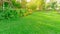Green grass lawn in a garden with flowering plant, shurb, trees and small random pattern of grey concrete stepping stone