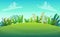 Green grass lawn river at park or forest trees and bushes flowers scenery background , nature lawn ecology peace vector illust