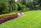 Green grass smooth lawn with bush, shrubs, trees on background