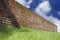 Green grasses and brick wall over blue sky