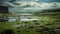 Green Grassy River Landscape: Layered And Atmospheric Lagoon In Yorkshire