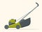 Green and gray lawn mower, side view. Gardening grass cutter. Vector illustration