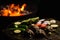 Green grilling. Prepared vegetables for grilling on the grill. Different vegetables - tomatoes, onions, artichokes on a background