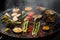 Green grilling. Various vegetables - artichokes, peppers, eggplants are grilled. Proper, vegan nutrition. Dark background. Red