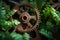 Green growing plants emerging from the center of rusty gear wheels, symbolizing the balance between nature and industry
