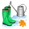 Green gumboots in puddle, gray watering can and falling leaf