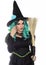 With With Green Hair and Broom on White Background