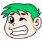 Green haired male head emoticon with an expression of pain and fear, doodle icon image kawaii