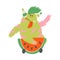 Green Hairy Monster Sticking out Tongue Riding Wheeled Watermelon Vector Illustration