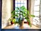 Green Hamedorea palm tree branch with leaves on windowsill in sunny day. A domestic plant. Frame, pattern, copy space on