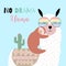 Green hand drawn cute card with llama,glasses,sloth,cactus.