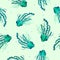 Green hand drawn jellyfishes on light background with dots. Seamless ocean tropical pattern.