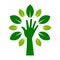 Green hand tree icon. Human arm with leaves. Green thumb idea.