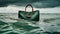 Green Handbag Floating Above Storm Clouds: Danish Design Imagery