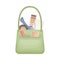 Green handbag full of typical woman things and accessories as eyeshadow, credit card, lipstick, blush vector