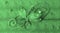 Green handmade greeting decoration with shiny beads, embroidery, silver thread in form of flower and butterfly