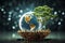 Green harmony Tree on Earth, abstract blue backdrop fusing eco-tech, ethics, and sustainability