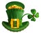 Green hat full gold coin and luck leaf clover. St. Patrick`s Day symbol accessory