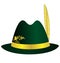 Green hat with golden feather, ribbon and ornament