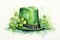 Green hat with shamrocks and quatrefoils , St. Patrick's Day Card, watercolor drawing