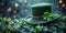 A green hat sitting on top of a lush green field, St. Patrick day green background.