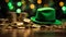 Green Hat on Top of Pile of gold Coins. Generative AI