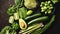 Green healthy food composition with avocado, broccoli, apple, smoothie...