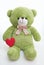 A green and heart shaped teddy bear rests