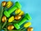 green heavy dumbbells, golden easter eggs and yellow tulip flowers on blue