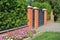 Green hedge fence with brick and metal door and gate. Live fencing
