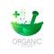 Green herbal bowl with cross vector logotype. Concept symbol for medical, clinic, pharmacy business or shop. Nature