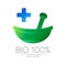 Green herbal bowl vector logotype, blue cross. Concept symbol for medical, clinic, pharmacy business or shop. Nature