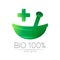 Green herbal bowl vector logotype with cross. Concept symbol for medical, clinic, pharmacy business or shop. Nature