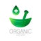 Green herbal bowl vector logotype with drop. Concept symbol for medical, clinic, pharmacy business or shop. Nature