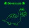 Green herbivorous dinosaur with big smile and spots and stars on dark poster background